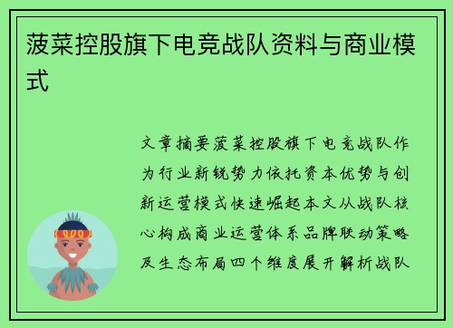 菠菜控股旗下电竞战队资料与商业模式