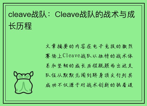 cleave战队：Cleave战队的战术与成长历程