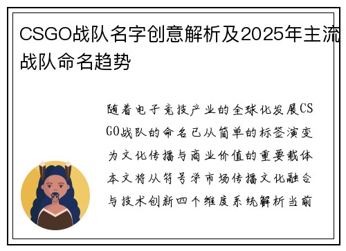 CSGO战队名字创意解析及2025年主流战队命名趋势