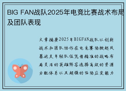 BIG FAN战队2025年电竞比赛战术布局及团队表现